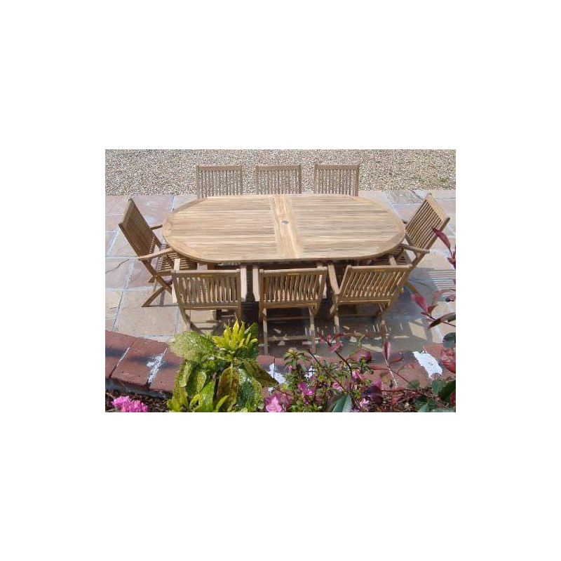 1.9m Teak Oval Pedestal Table with 8 Kiffa Folding Chairs 